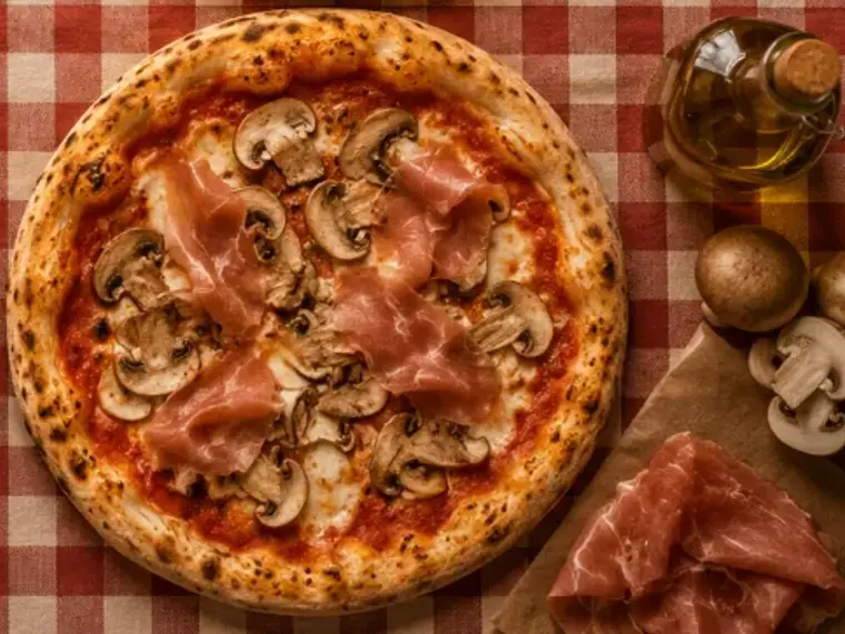 Pizza Prosciutto e Funghi, con jamón y champiñones