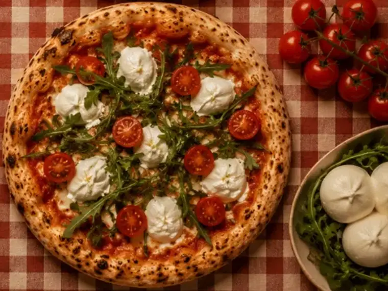 Pizza Bufalina, con mozzarella de búfala y rúcula