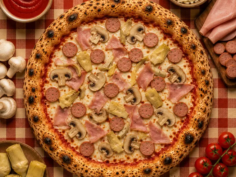 Pizza Capricciosa, con champiñones, alcachofa, jamón dulce y rodajas de salchicha