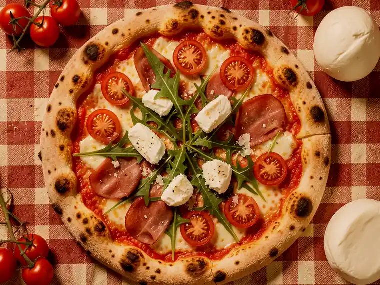 Pizza Crudaiola, con tomate cherry, bÃºfala, jamÃ³n serrano y rÃºcula