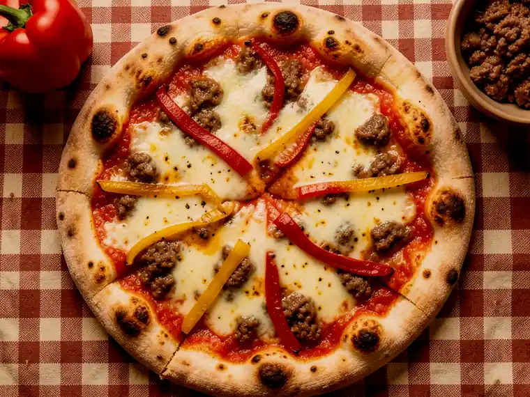 Pizza Giusy, con pimientos y carne