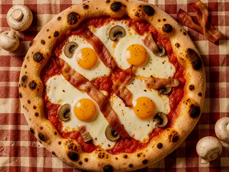 Pizza Paperino, con huevo, champiÃ±ones y bacon
