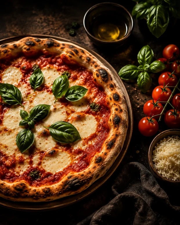 Pizza margarita recién hecha sobre mesa oscura, con albahaca fresca, tomates cherry, aceite de oliva y queso rallado alrededor